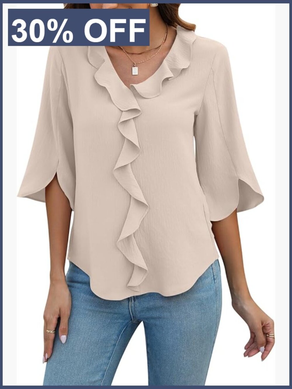 Dressy Casual Blouse 3/4 Sleeve V-Neck Ruffle Tops Business Work Shirt